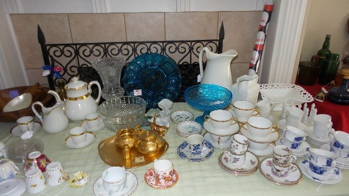 Tea pots, coffee pots, pitchers, cups and saucers, desert sets, plates, trays, bowls, hostess sets, platters