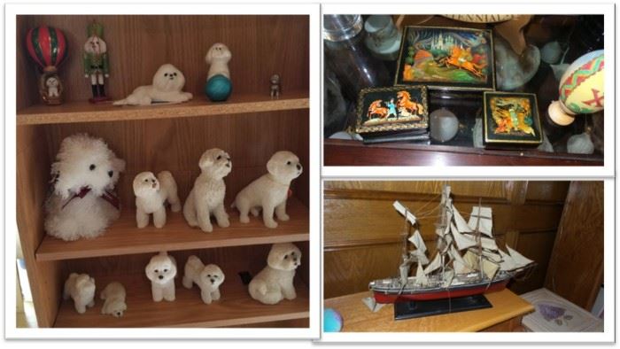 sailing ships, bichon dog figurines, Russian hand painted trinket boxes