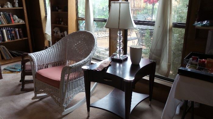 rattan rocking chair.  current side tables and table lamps