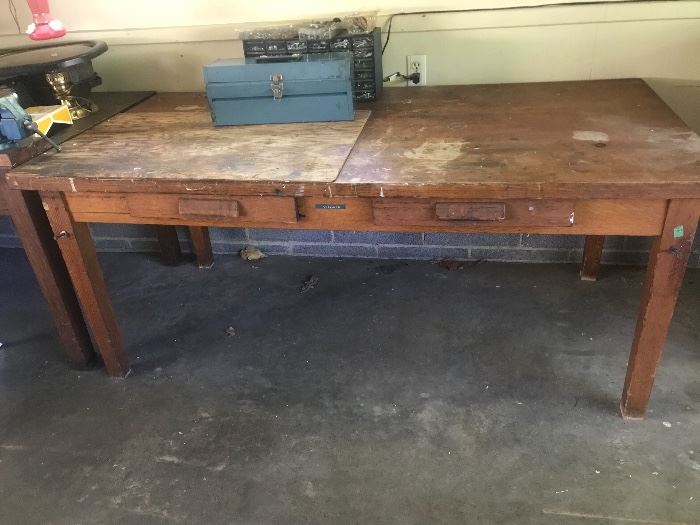 2 old wood work-tables 