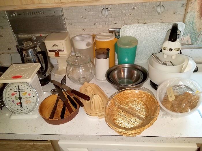 Kitchen misc. Vintage scale, mixmaster, Tupperware 