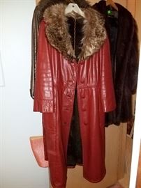 Red leather coat with fur collar