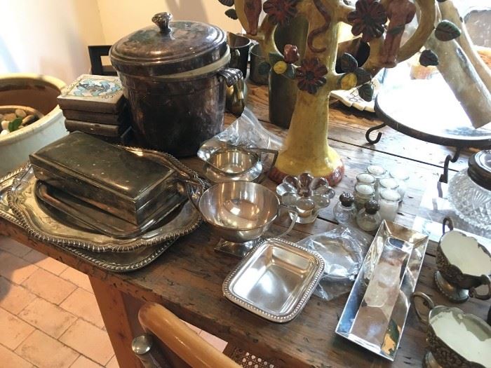 Silver and pewter trays, box, ice bucket, cream & sugar, salt & pepper shakers