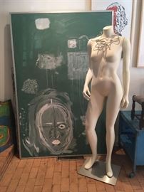 Full size mannequin  and large chalk board (including aluminum stand that attaches to chalkboard