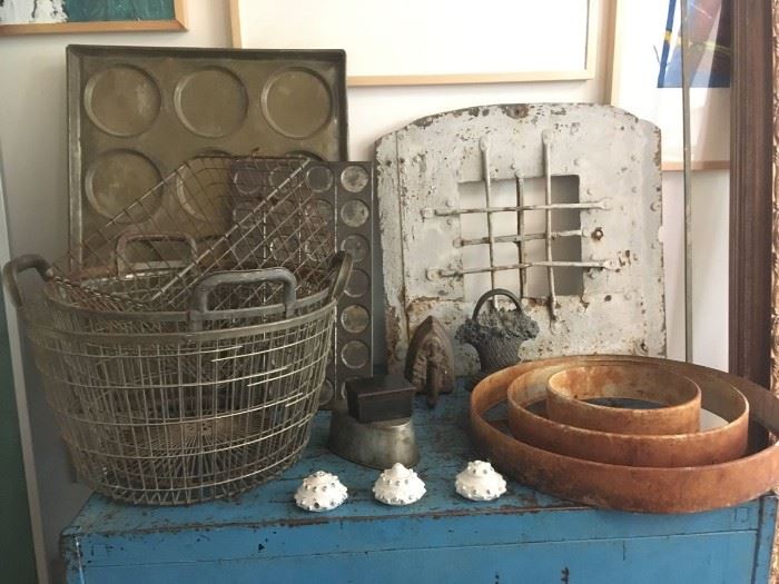 FUN vintage metalware! Antique peach bushel baskets, vintage baking trays, antique iron portal off of ship! Vintage door stops, fun misc!!