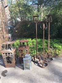 large metal lanterns and large metal candle holders (were told they are Jan Barbolio)