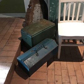 Vintage tool box, vintage ice box cooler, vintage white oak chair