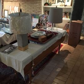 Brand new concrete & gold lamp and several used lamp. Large trays (from Wisteria).