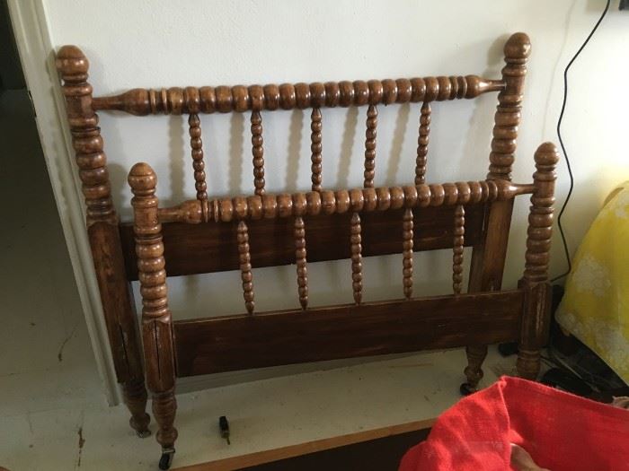 1930s Twin Jenny Lind Wood Spindal twin bed with side rails