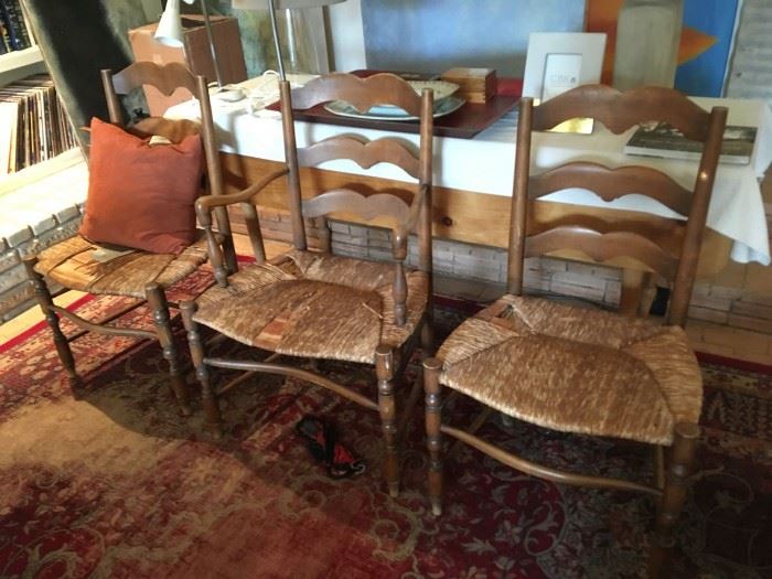 3 vintage solid maple cane seat ladder back dining chairs (need recaning). Pretty!