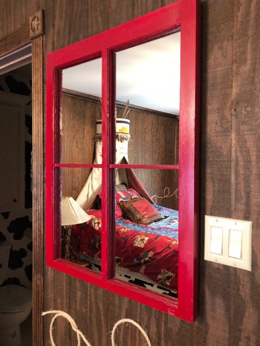 Adorable Red Window Frame Mirror