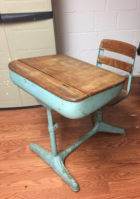 Vintage turquoise blue child's school desk