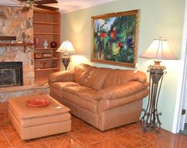 LEATHER SOFA AND OTTOMAN, SEVERAL FLOOR LAMPS