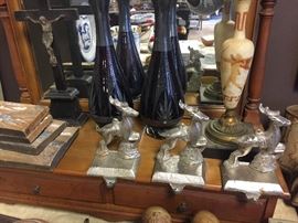 Vintage glass vases & Mt. Washington satin glass lamp with bronze/marble base. Painted Egyptian scene.