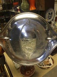 Engraved silver dish w landscape center 