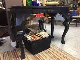 Solid wood desk and basket of vintage cookbooks