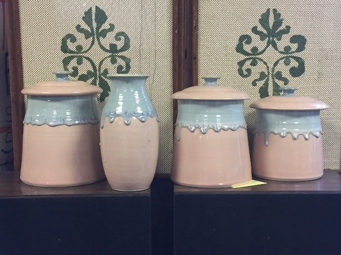 Signed studio pottery canisters and matching vase