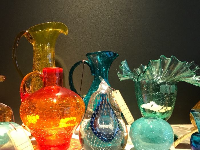 Large Assortment Of Vintage Blenko, Pilgrim, Viking, Rainbow And Other Vintage Glass ~ MOSTLY CRACKLE GLASS