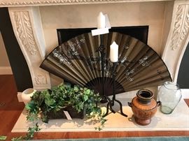 Large Asian Fan ~ PAIR Wrought Iron Candle Holders ~ Assorted Pottery