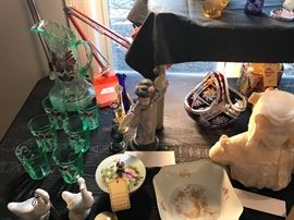 Assorted Collectible Items ~ Carved Alabaster Female Bust, LLadro Figurines, Vintage Pottery, Vintage 1950's Figurines With Umbrellas, Assorted Glassware And Ceramics