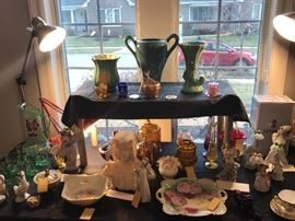 Assorted Collectible Items ~ Carved Alabaster Female Bust, LLadro Figurines, Vintage Pottery, Vintage 1950's Figurines With Umbrellas, Assorted Glassware And Ceramics