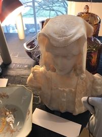 Assorted Collectible Items ~ Carved Alabaster Female Bust, LLadro Figurines, Vintage Pottery, Vintage 1950's Figurines With Umbrellas, Assorted Glassware And Ceramics