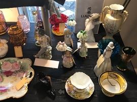 Assorted Collectible Items ~ Carved Alabaster Female Bust, LLadro Figurines, Vintage Pottery, Vintage 1950's Figurines With Umbrellas, Assorted Glassware And Ceramics