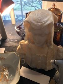 Assorted Collectible Items ~ Carved Alabaster Female Bust, LLadro Figurines, Vintage Pottery, Vintage 1950's Figurines With Umbrellas, Assorted Glassware And Ceramics