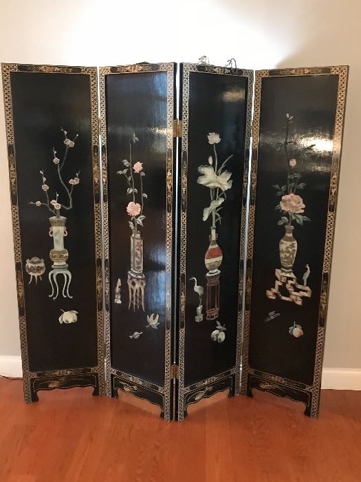 Chinese Hard Stone Inset Four Fold Screen