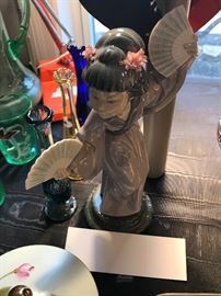 Assorted Collectible Items ~ Carved Alabaster Female Bust, LLadro Figurines, Vintage Pottery, Vintage 1950's Figurines With Umbrellas, Assorted Glassware And Ceramics