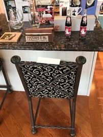 PAIR Wrough iron Bar Stools With Black And Gold Upholstery