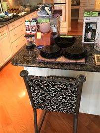 PAIR Wrough iron Bar Stools With Black And Gold Upholstery