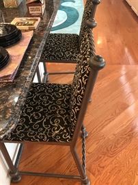 PAIR Wrough iron Bar Stools With Black And Gold Upholstery
