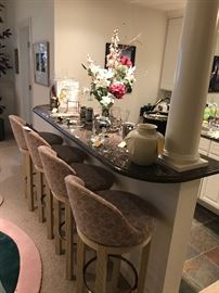 FOUR Brass And Wood Upholstered Bar Stools