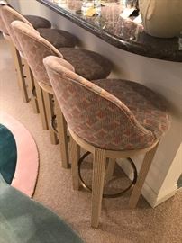FOUR Brass And Wood Upholstered Bar Stools