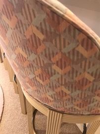 FOUR Brass And Wood Upholstered Bar Stools