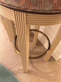 FOUR Brass And Wood Upholstered Bar Stools