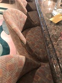 FOUR Brass And Wood Upholstered Bar Stools