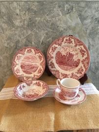 Johnson Brothers Old Britain Castles, Pink/White 7 Dinner Plates, 6 Bread Plates, 6 Tea cups, 6 Bowls, 