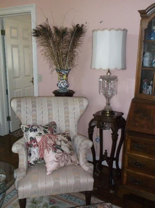 Wing back chair, marble top plant stand,  and crystal lamp