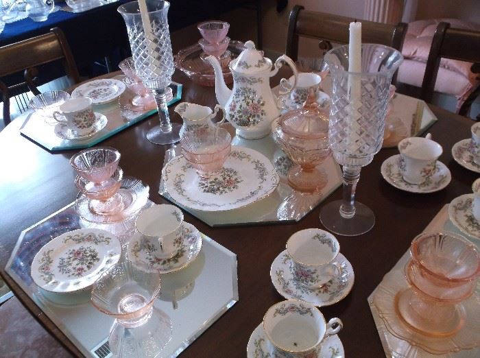 Bone china tea set and pink depression glass; American Sweetheart, Cherry Blossom, Cabbage Rose