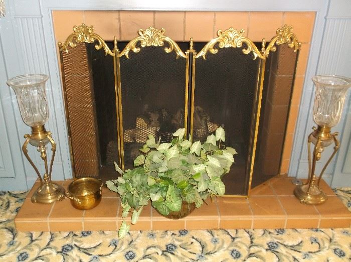 Brass framed firescreen and candleholders