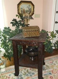 Carved center table  and intricately  inlaid box