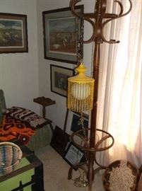 Bentwood hat rack and mid-century hanging lamp