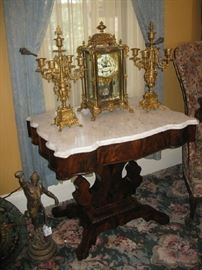 Empire Marble Top Table and Ansonia Excelsior Crystal Regulator Clock with Matching Candelabras