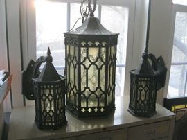 Fantastic Gothic Bronze Hanging Light and Wall Sconces