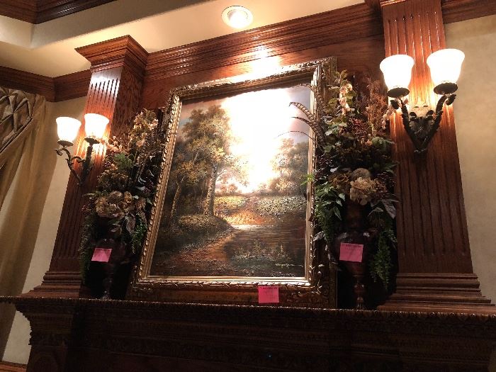Large framed oil painting and 2 large floral arrangements