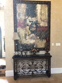 Very large oil painting console, lamps and decor