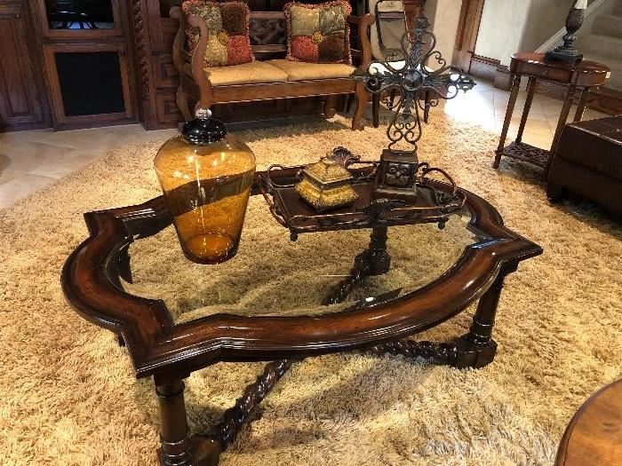 Glass and mahogany coffee table