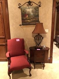 Arm chair, antique sewing cabinet and oil wall art